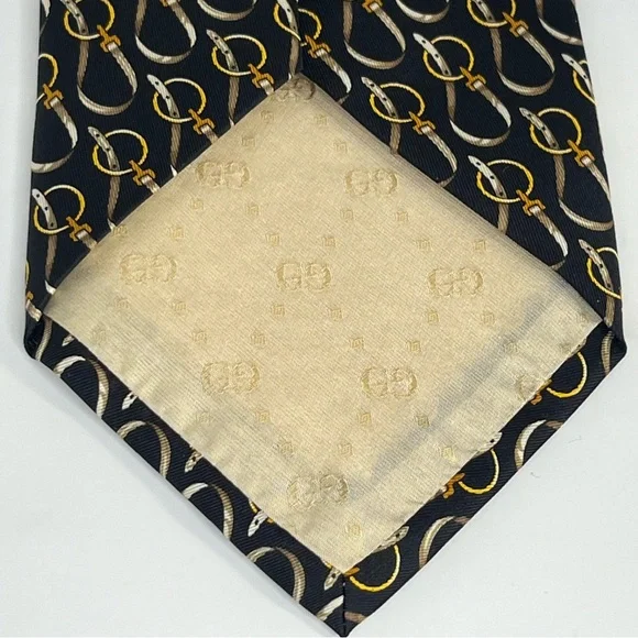 Gucci Men’s Silk Neck Tie‎ Black with Gold Equestrian Buckles Luxury Formal